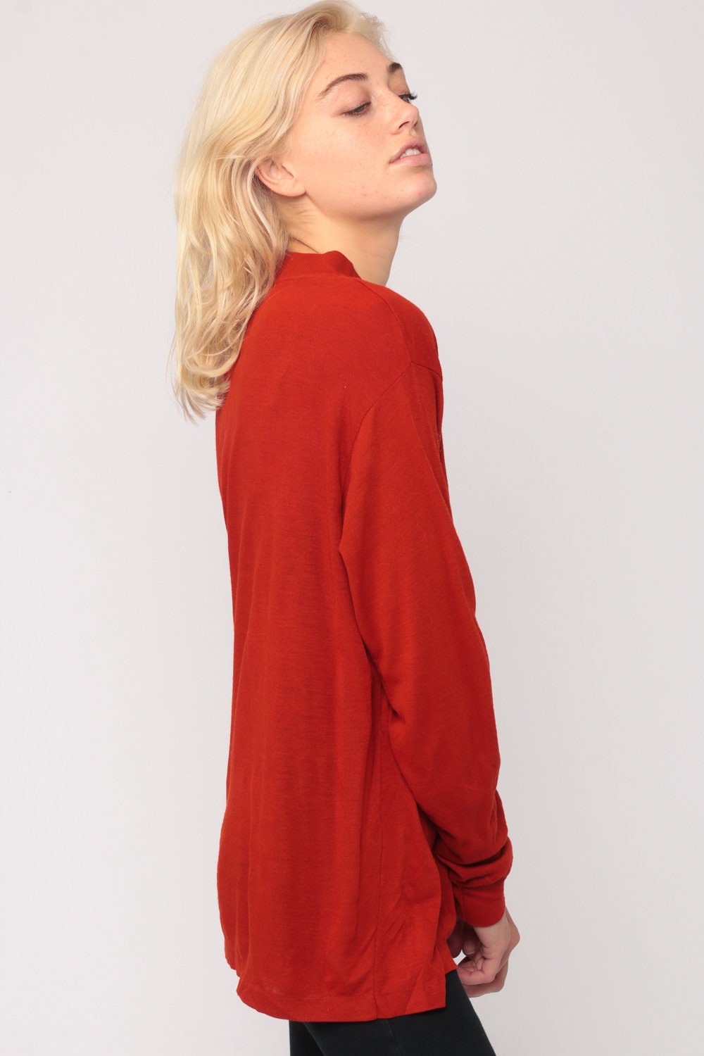 80s Orange-Red Burnout Long Sleeve T-Shirt Pocket Tee Large