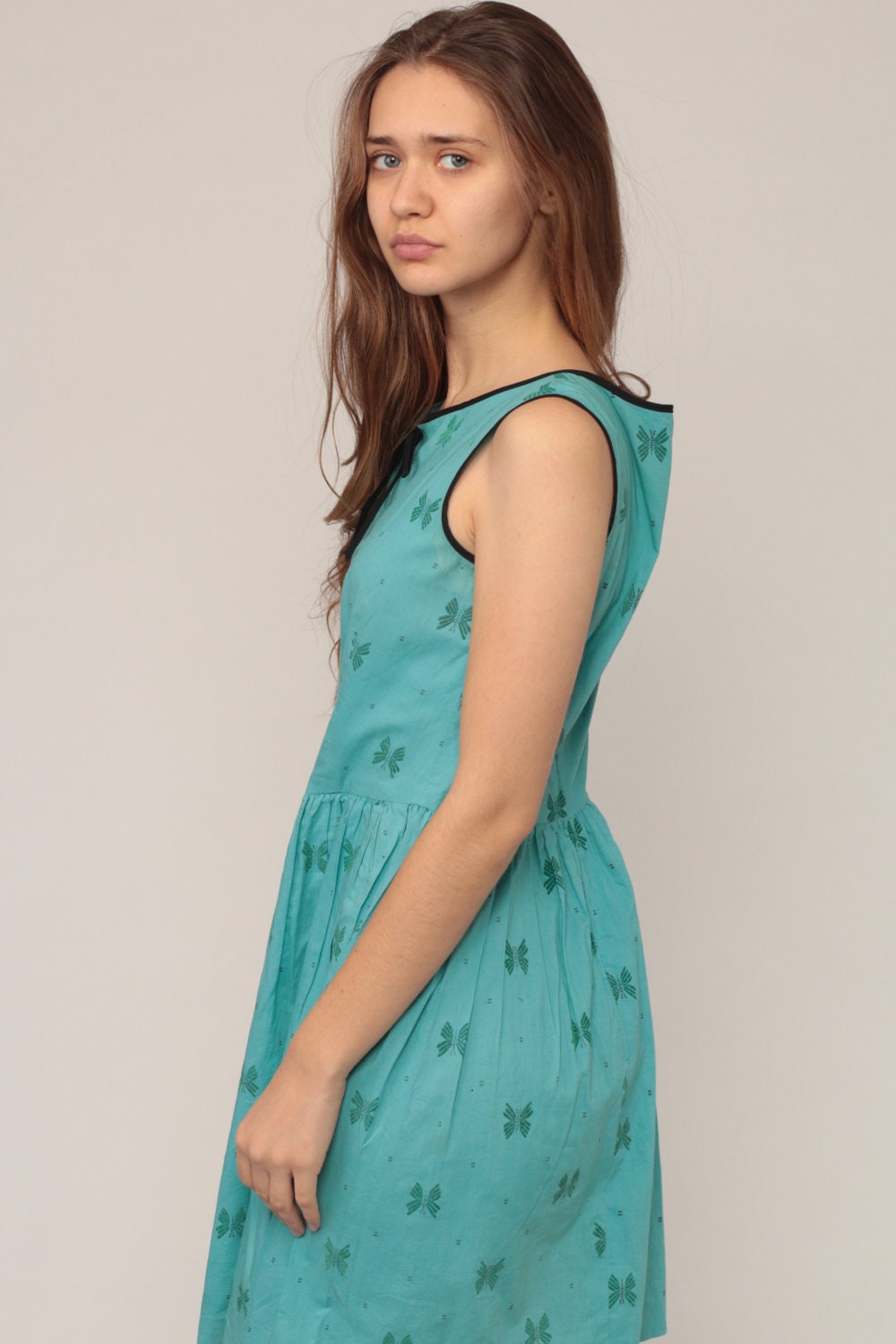 60s Butterfly Print Turquoise Mini Dress Cotton Sleeveless High Waist Small