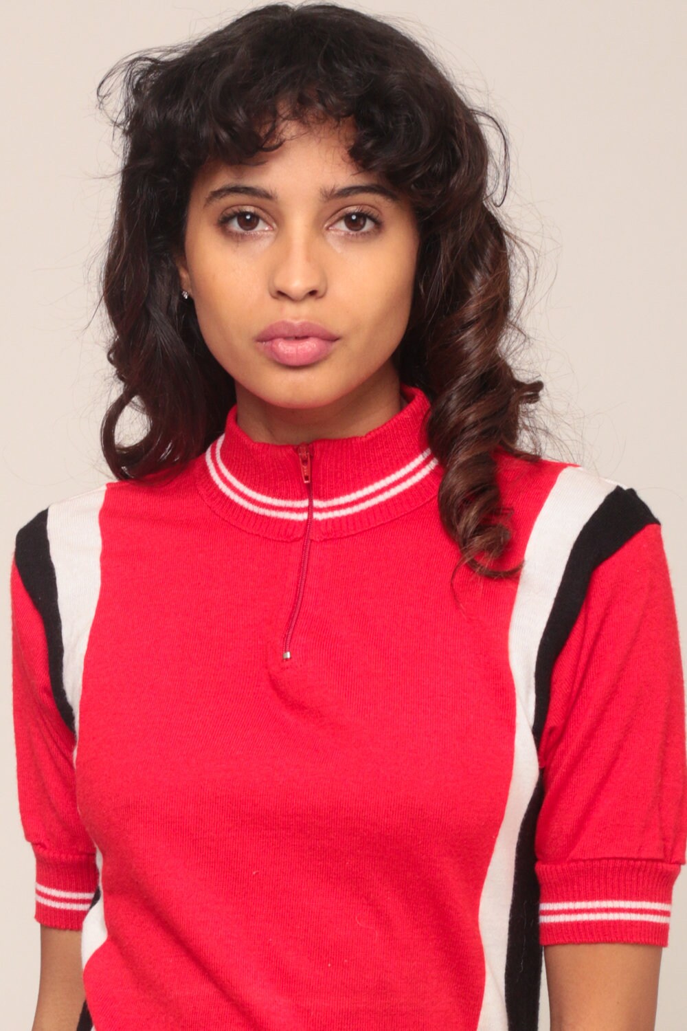80s Wool Cycling Jersey Red Striped Zip Neck Bike Shirt Extra Small