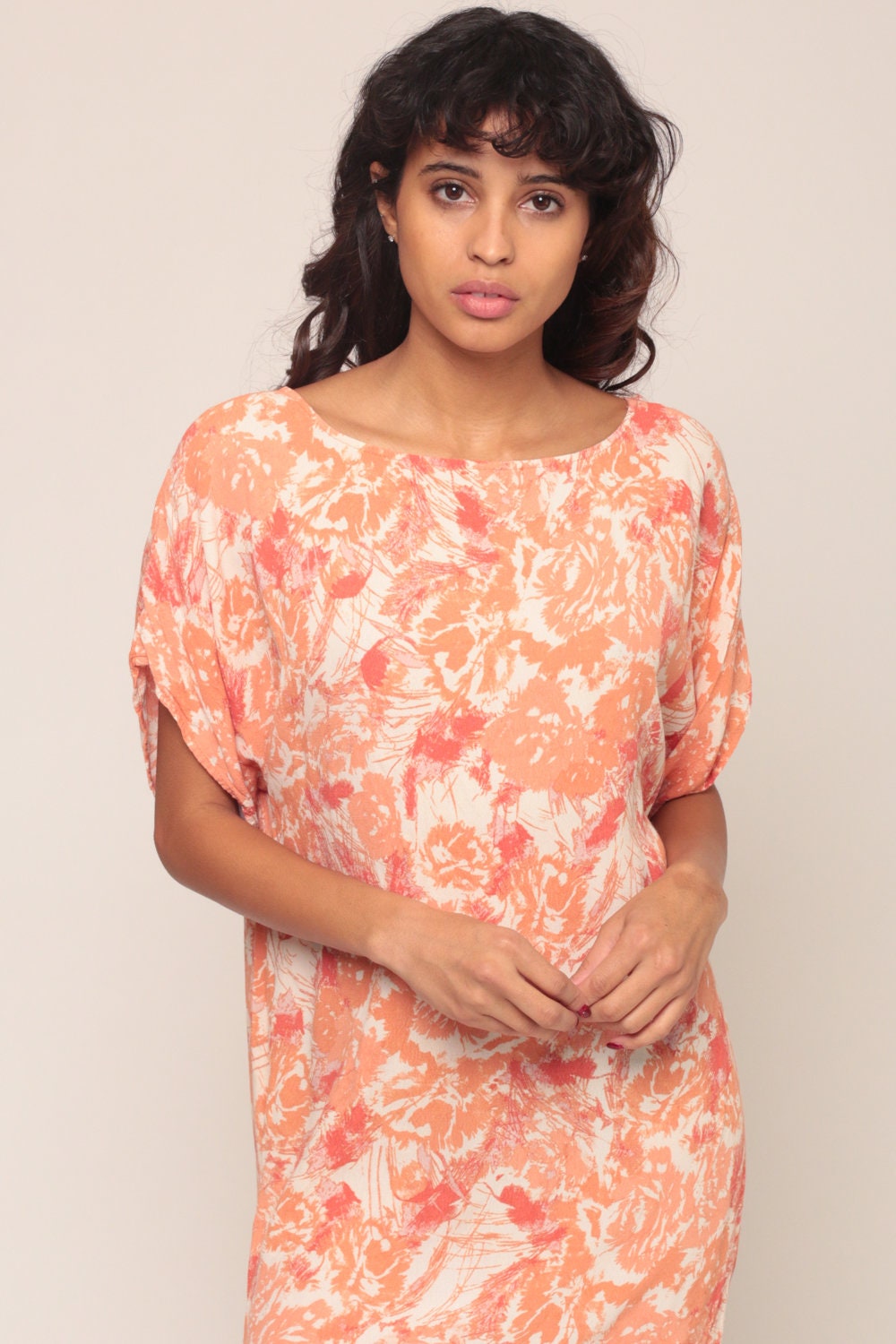 90s Orange Floral Print T-Shirt Dress Micro Mini Tunic Medium