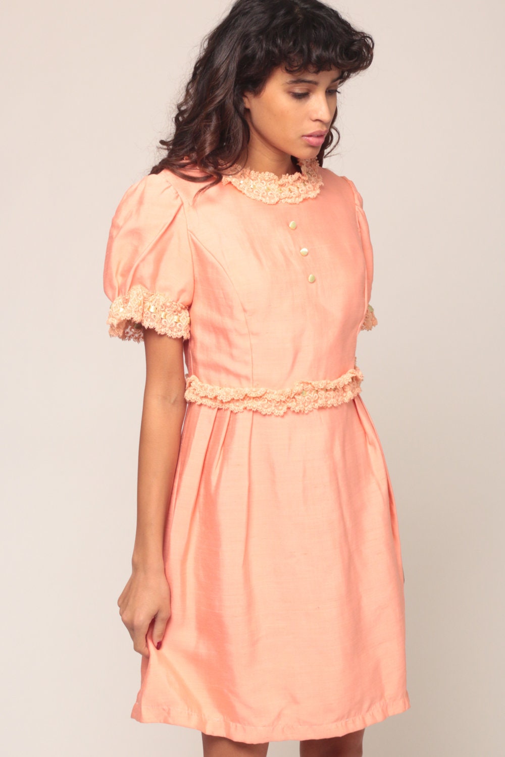 60s Pink Mini Dress Puff Sleeve Bow Back Lace Trim Small