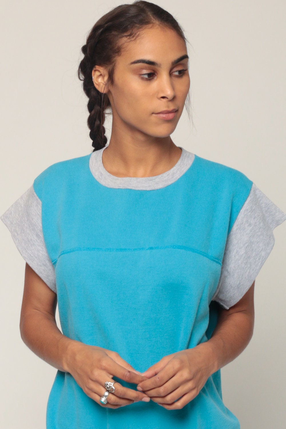 80s Turquoise Ringer Sweatshirt Short Sleeve Slouchy Crewneck Extra Large XXL