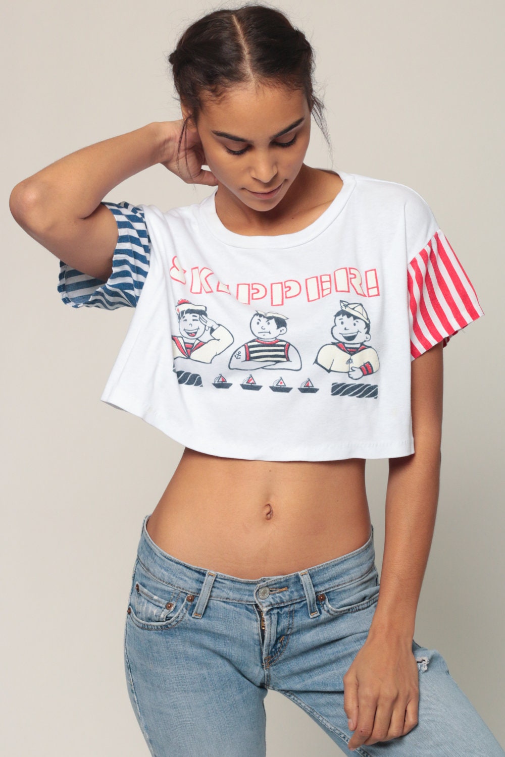 90s Sailor Graphic Crop Top Red White Blue Striped T-Shirt Medium Large
