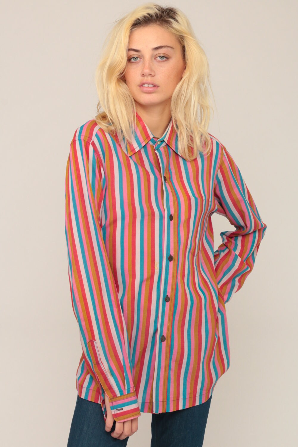 70s Striped Long Sleeve Button Up Blouse Rainbow Print Medium Large