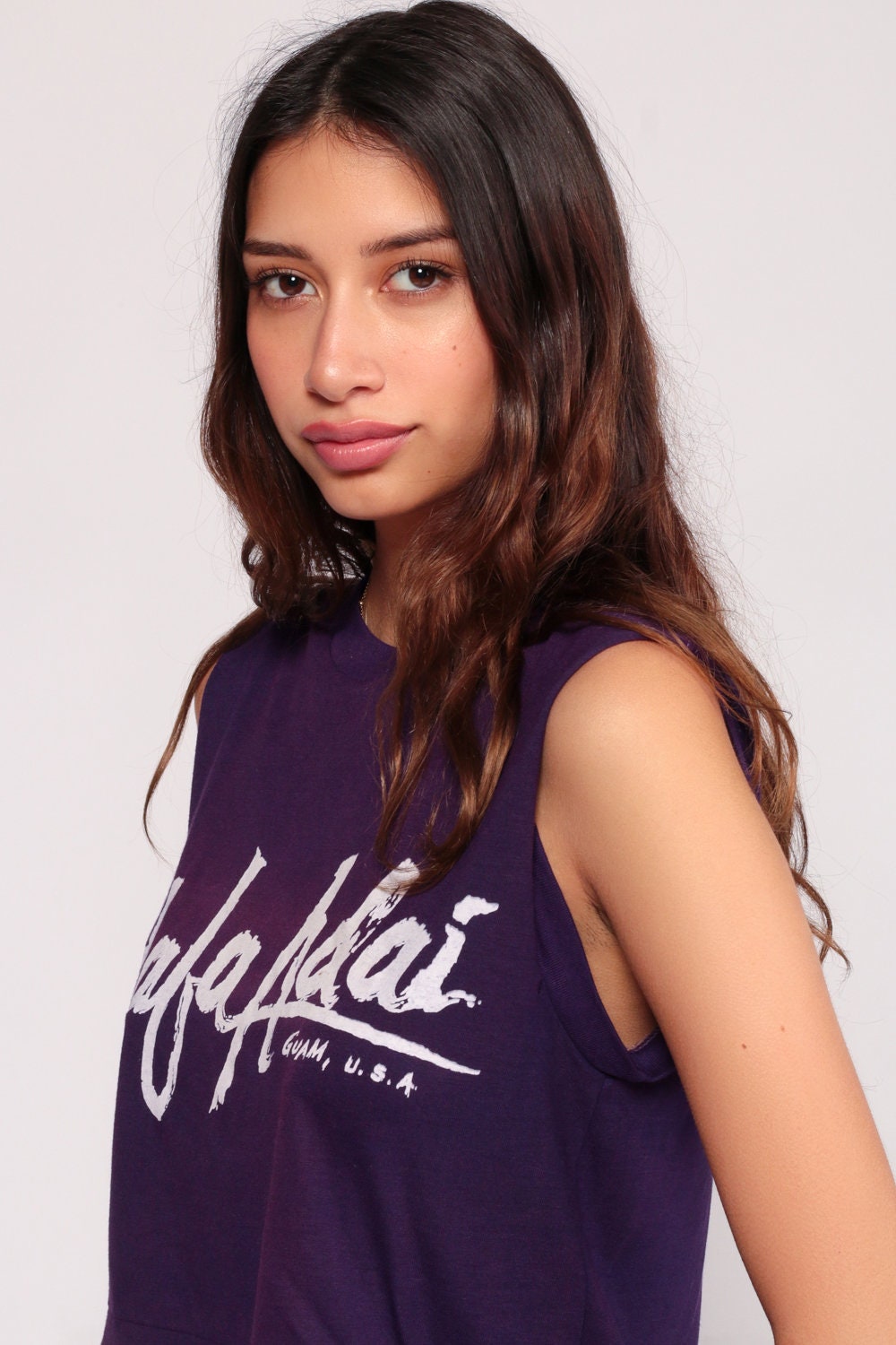 80s Hafa Adai Guam Graphic Tank Top Crop Purple Cotton Small Medium