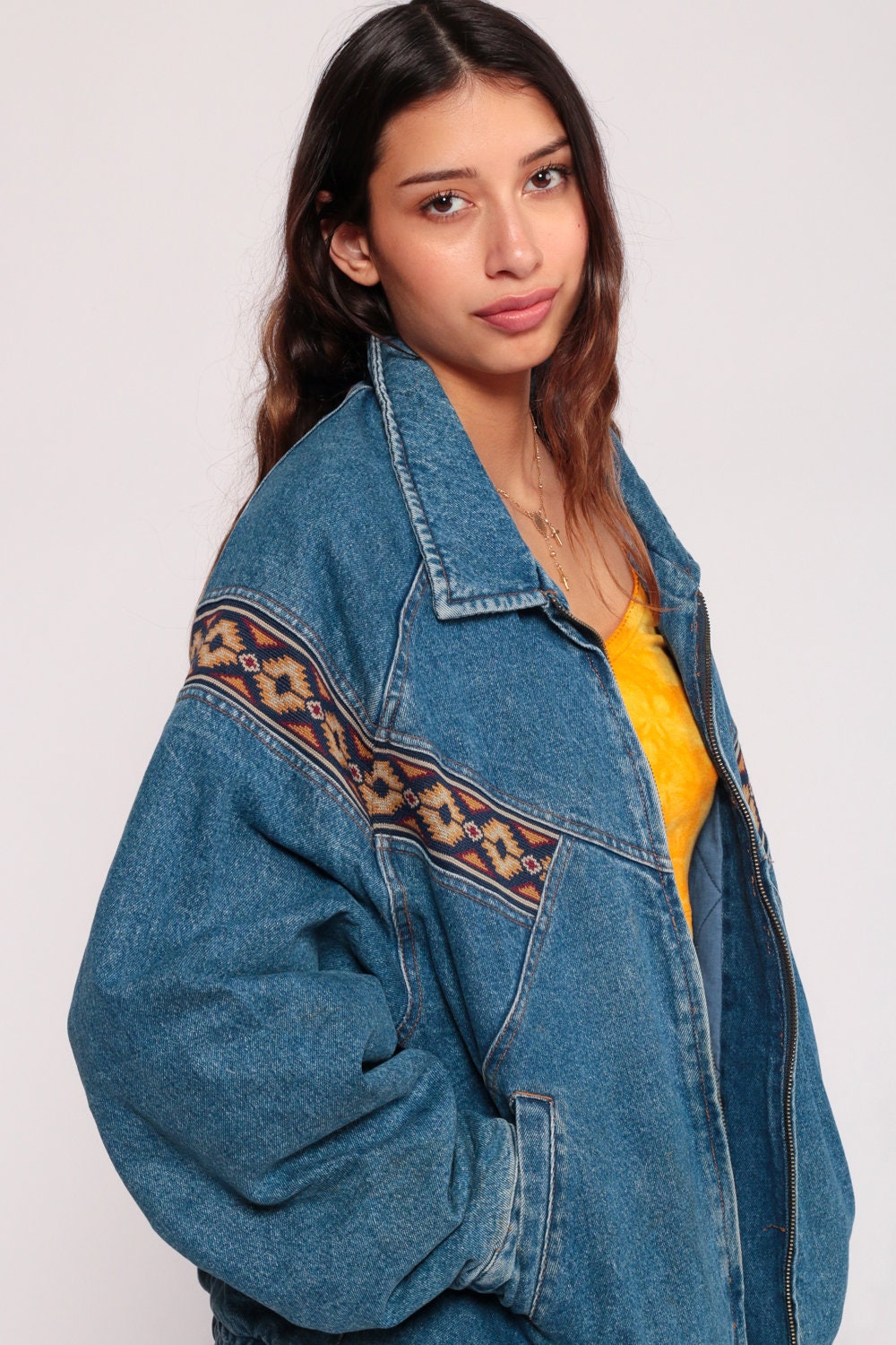 80s Denim Jacket Tribal Trim Blue Jean Bomber Medium Large
