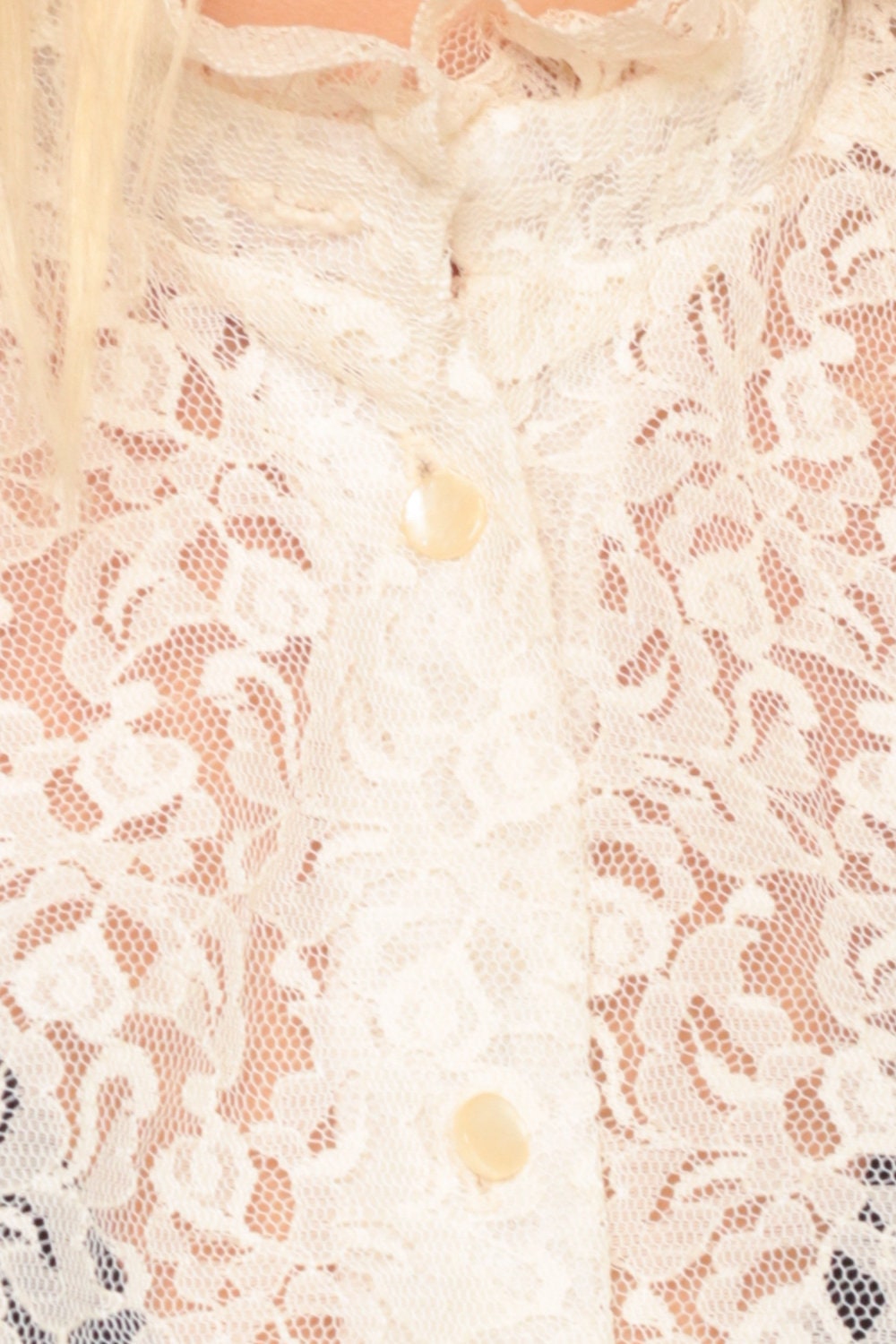 70s White Lace Blouse Sheer Ruffle Collar Button-Up Sleeveless Extra Large XL