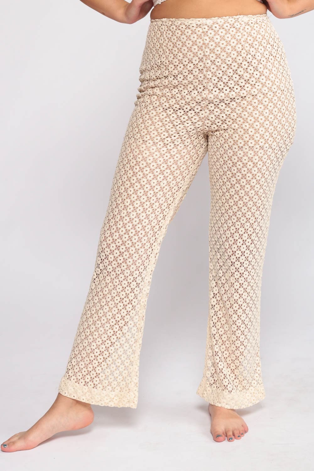70s Cream Lace Cutout Bell Bottom Pants High Waisted Small Medium