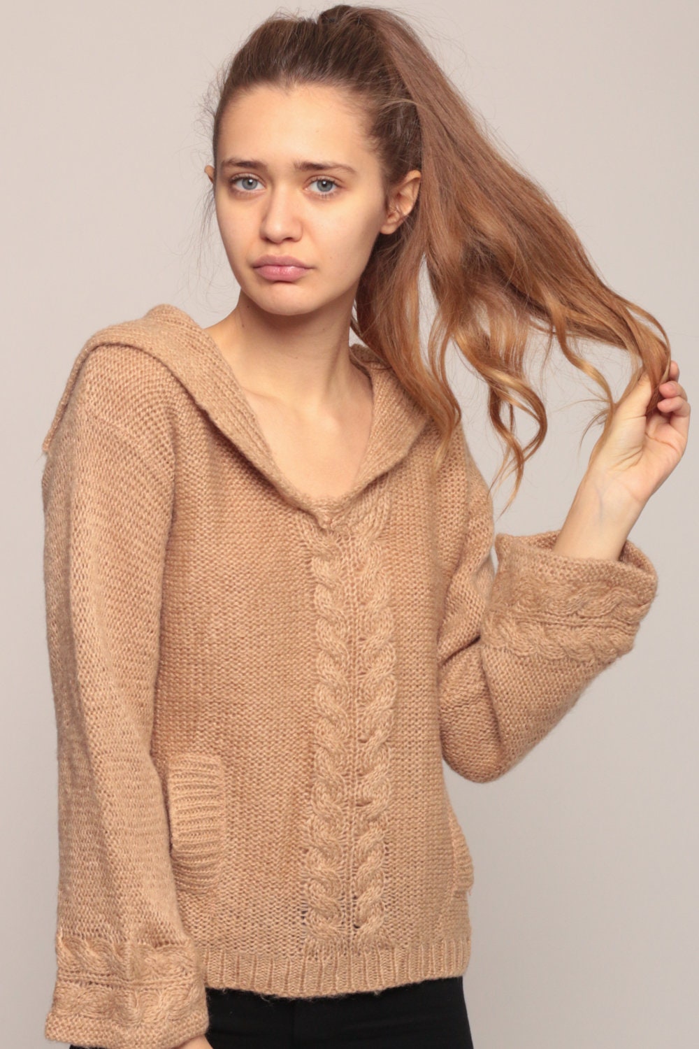 70s Tan Cable Knit Sweater Sailor Collar Semi-Sheer Pullover Medium