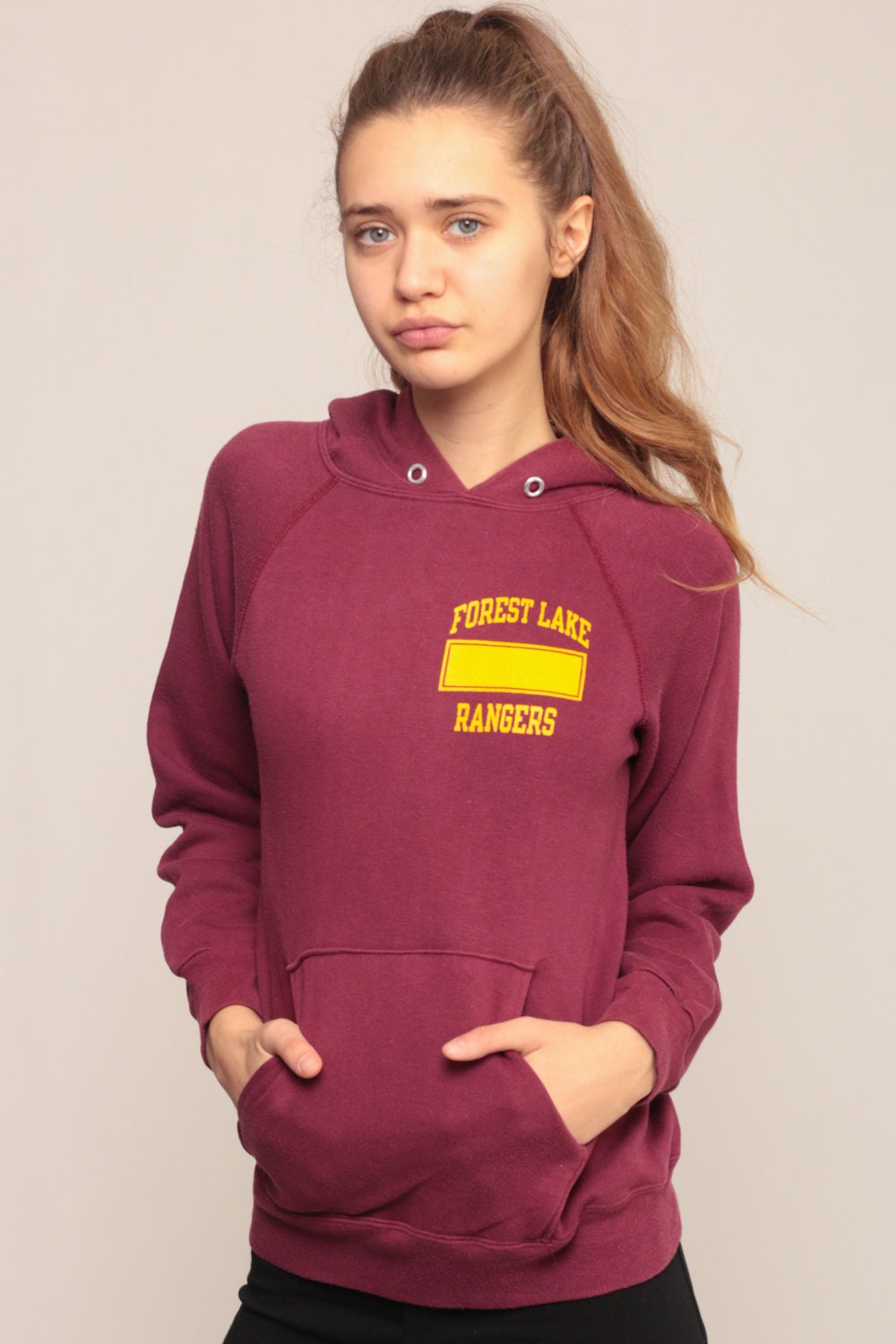80s Forest Lake Rangers Burgundy Hooded Sweatshirt Graphic School Extra Small