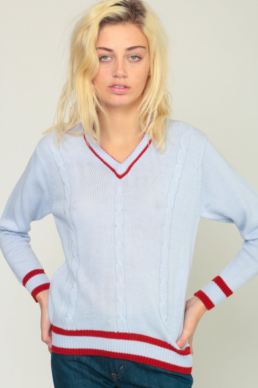 70s Cable Knit V-Neck Sweater Blue Pullover Small
