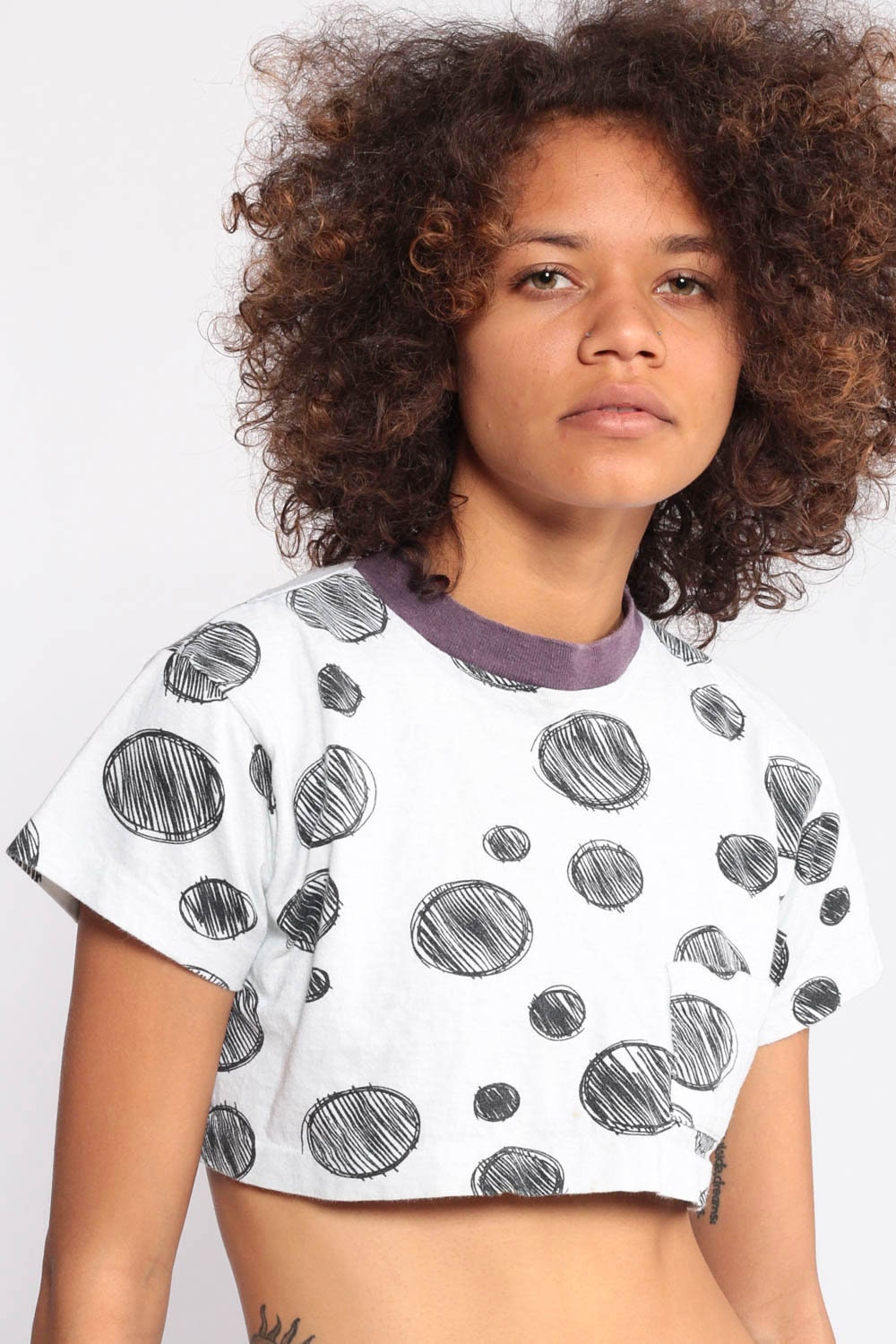 90s Polka Dot Ringer Crop Top White Black Cotton Tee Extra Small