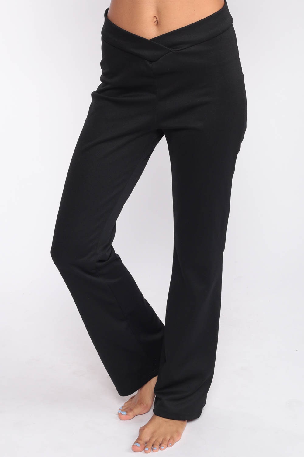 90s Black Bell Bottom Pants V-Waist Flared Trousers Extra Small XS