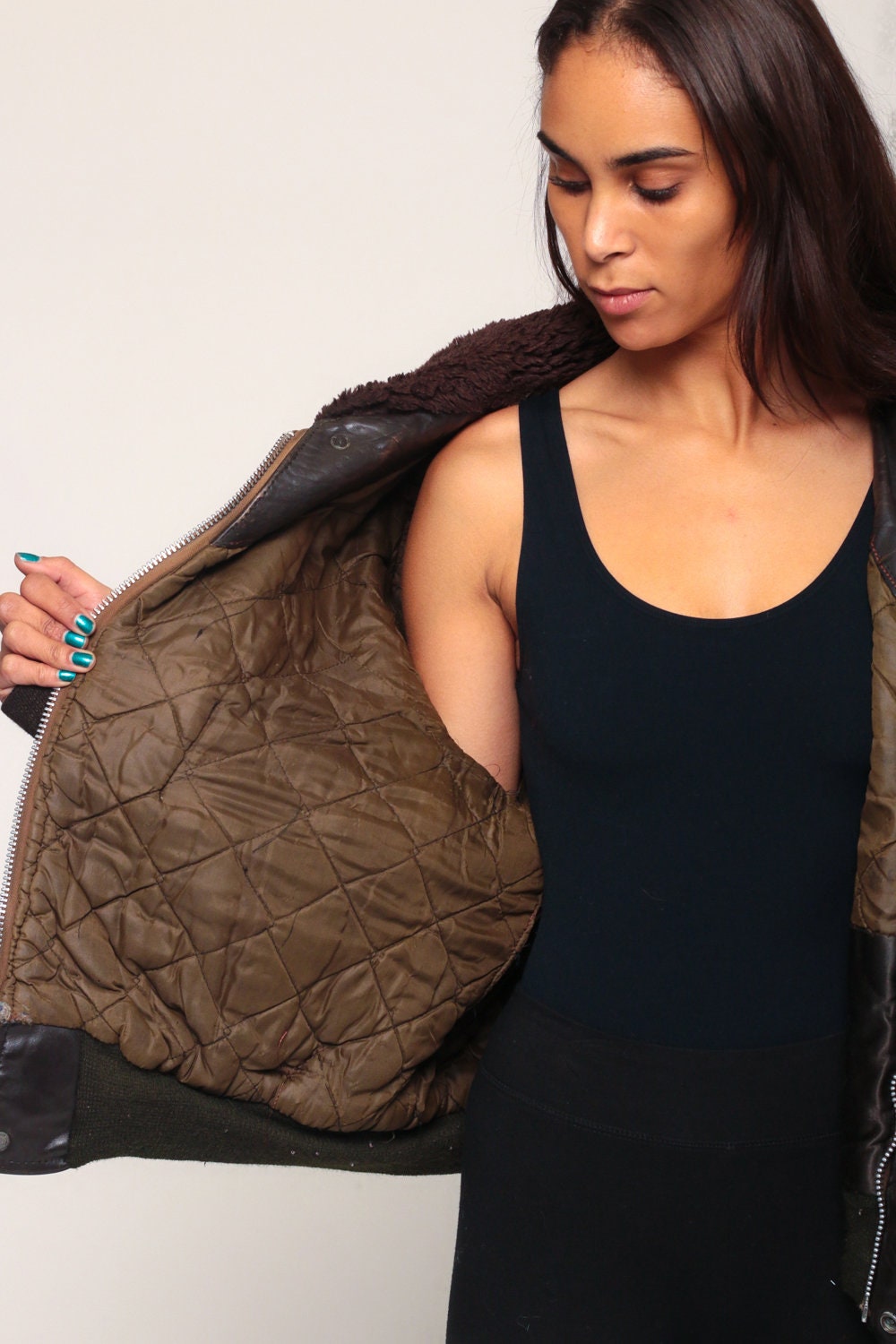 80s Brown Leather Bomber Jacket Faux Fur Collar Unisex Large