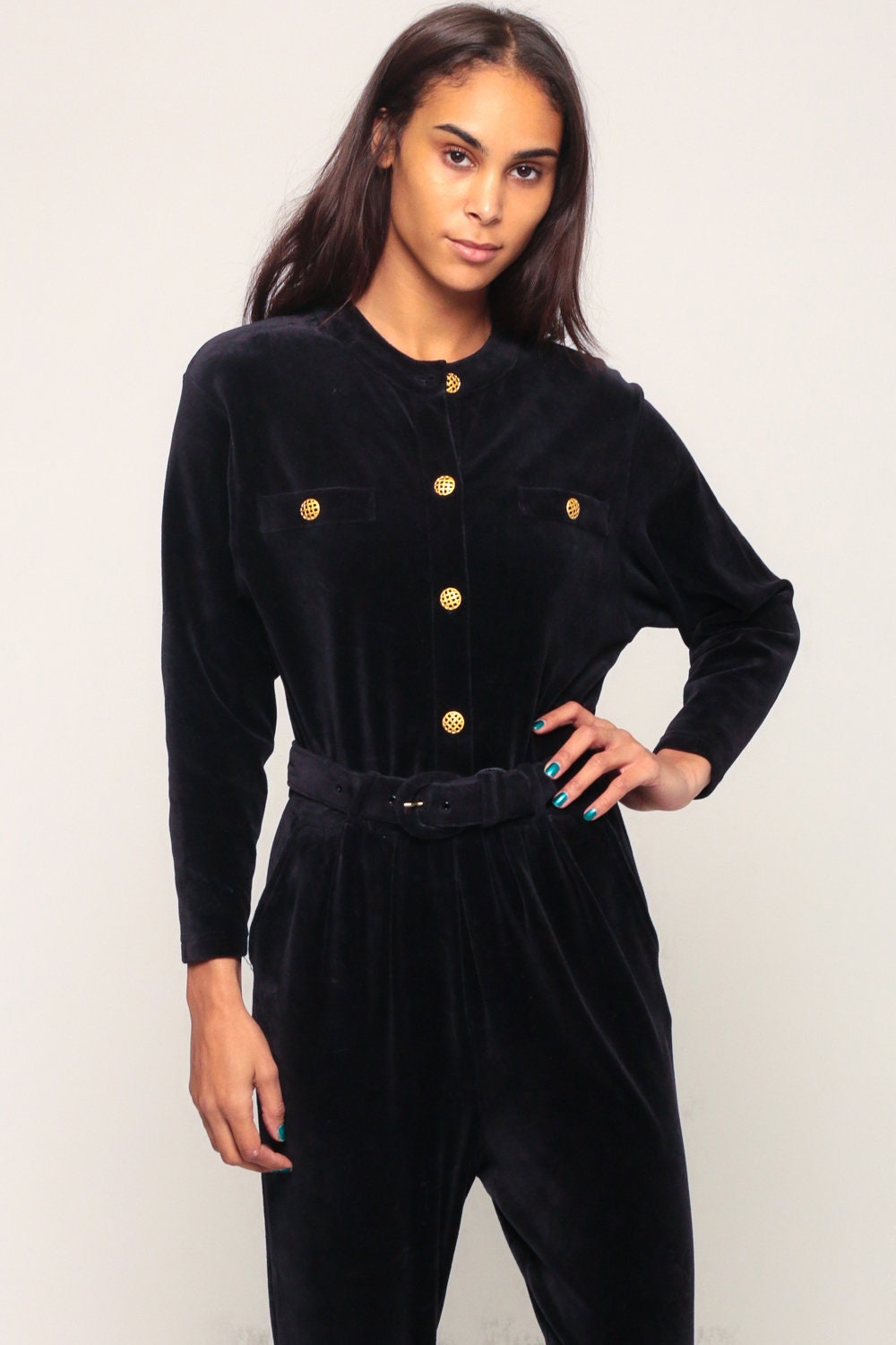 80s Black Velour Jumpsuit Stirrup Tapered Belted Button-Up Small