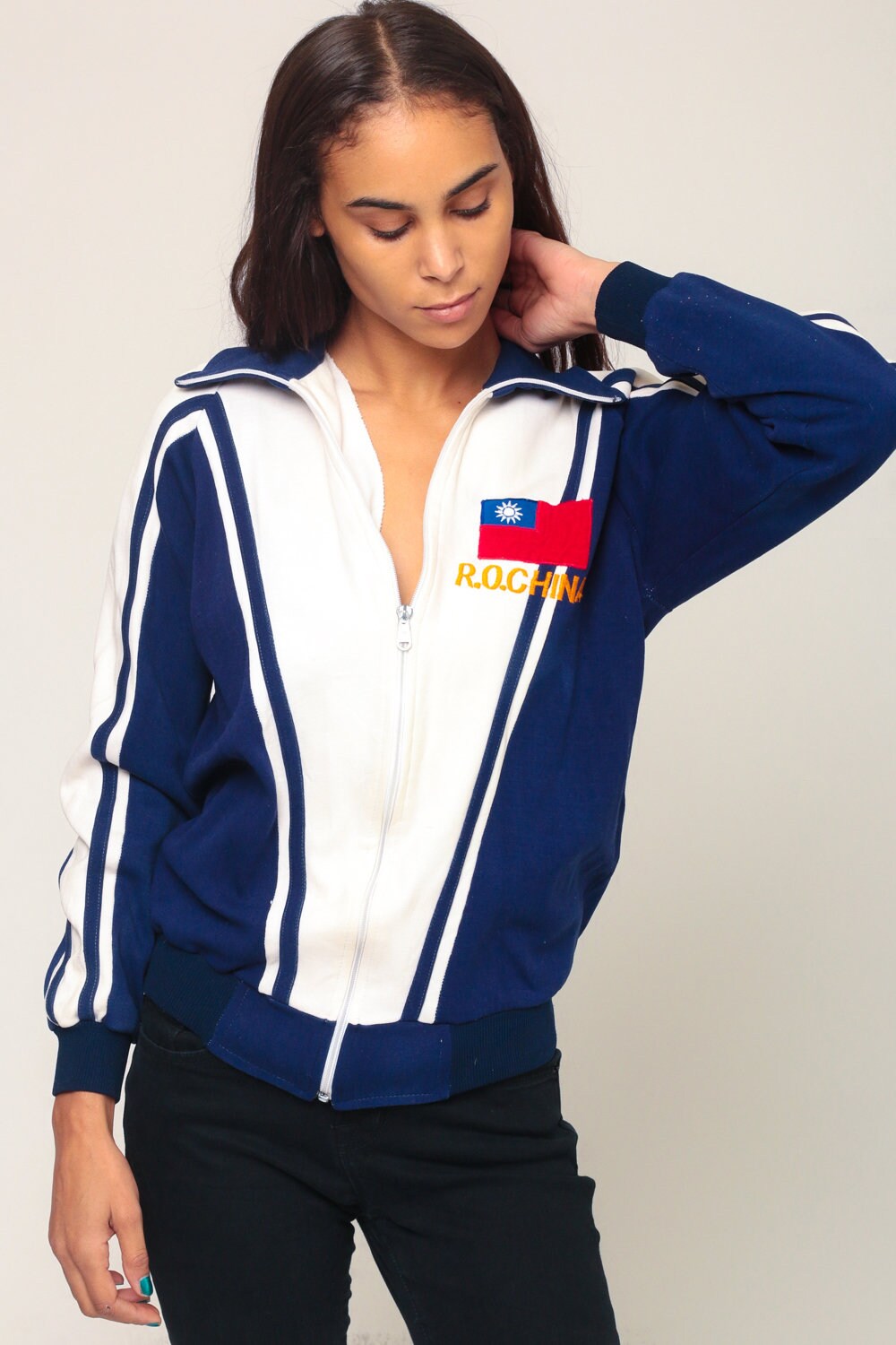 70s ROC China Track Jacket Blue Zip-Up Sweatshirt Small Medium