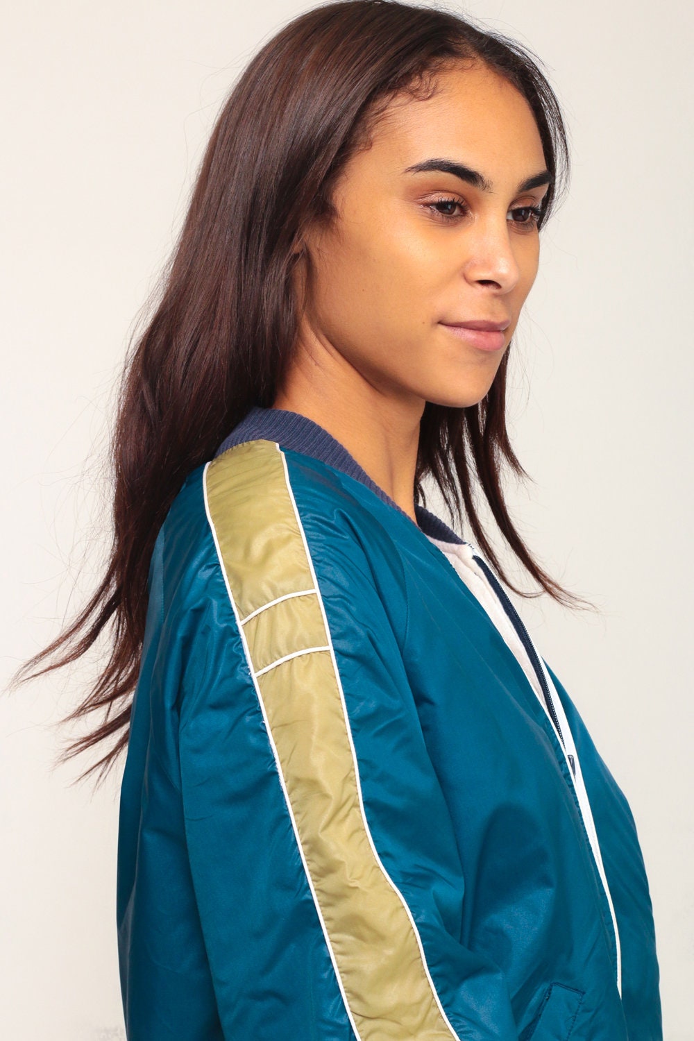 80s Blue Striped Bomber Jacket Nylon Zip-Up Small Medium