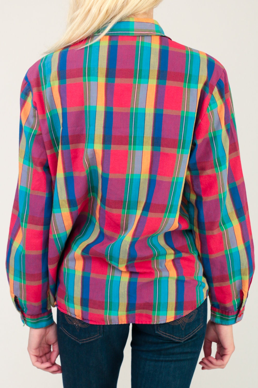 80s Diane Von Furstenberg Plaid Button-Up Blouse Multicolour Cotton Large