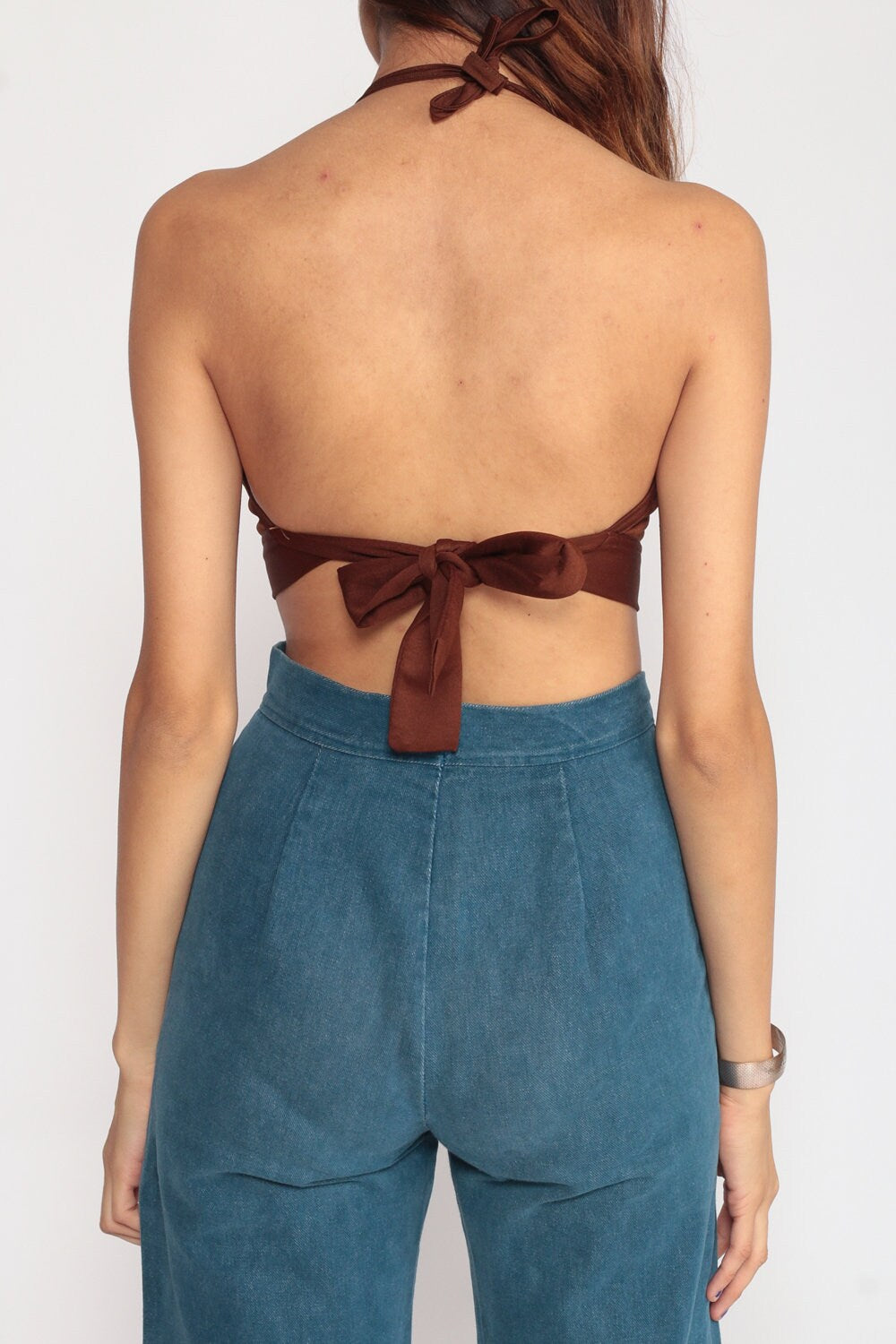 70s Tweety Bird Halter Crop Top Brown Backless Tank Extra Small