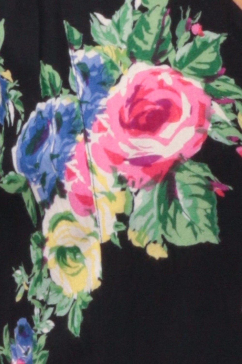 90s Black Floral Rayon Mini Dress Drop Waist Button Front Medium