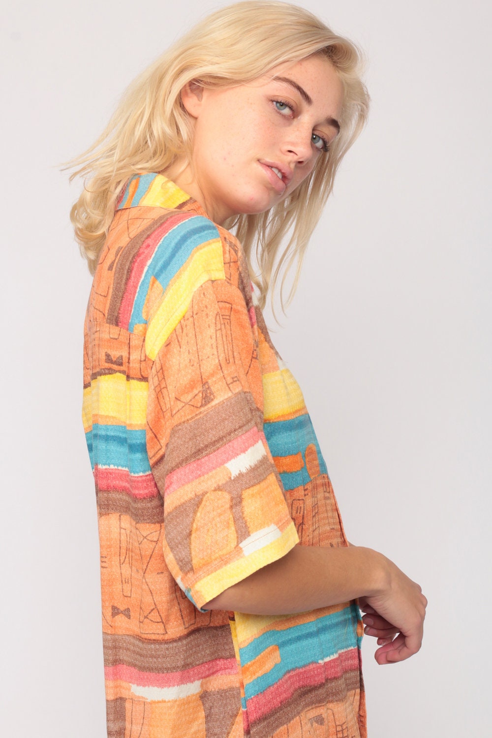 90s Tropical Striped Button-Up Shirt Orange Resort Unisex Medium Large