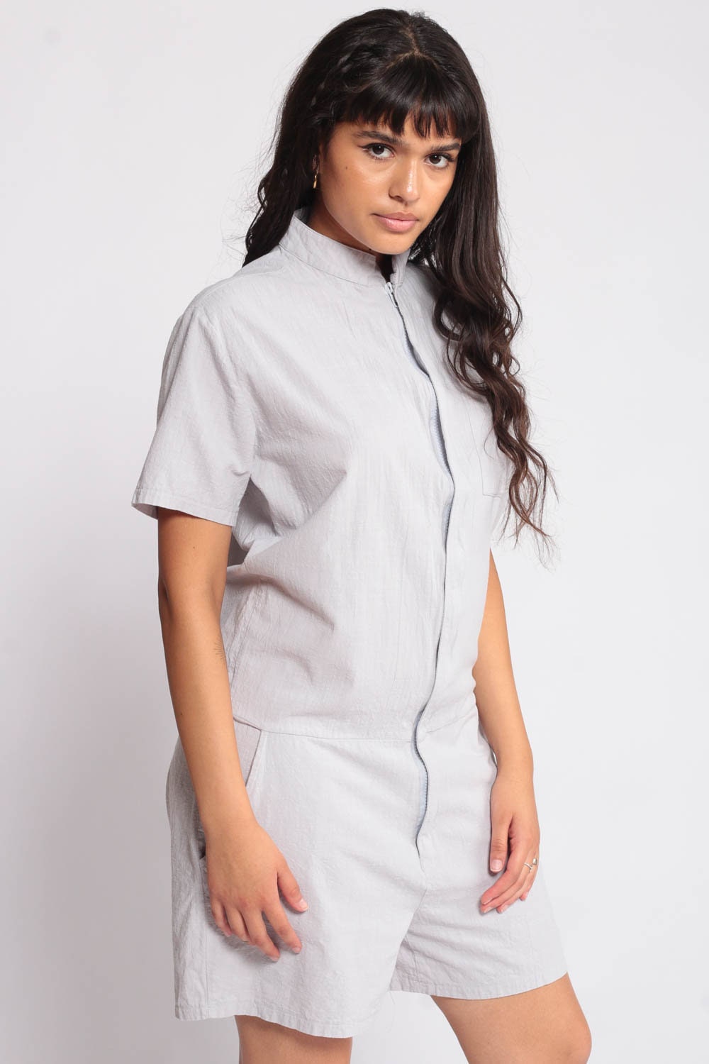 80s Grey Cotton Romper Playsuit Zip Front Pockets Short Sleeve Medium