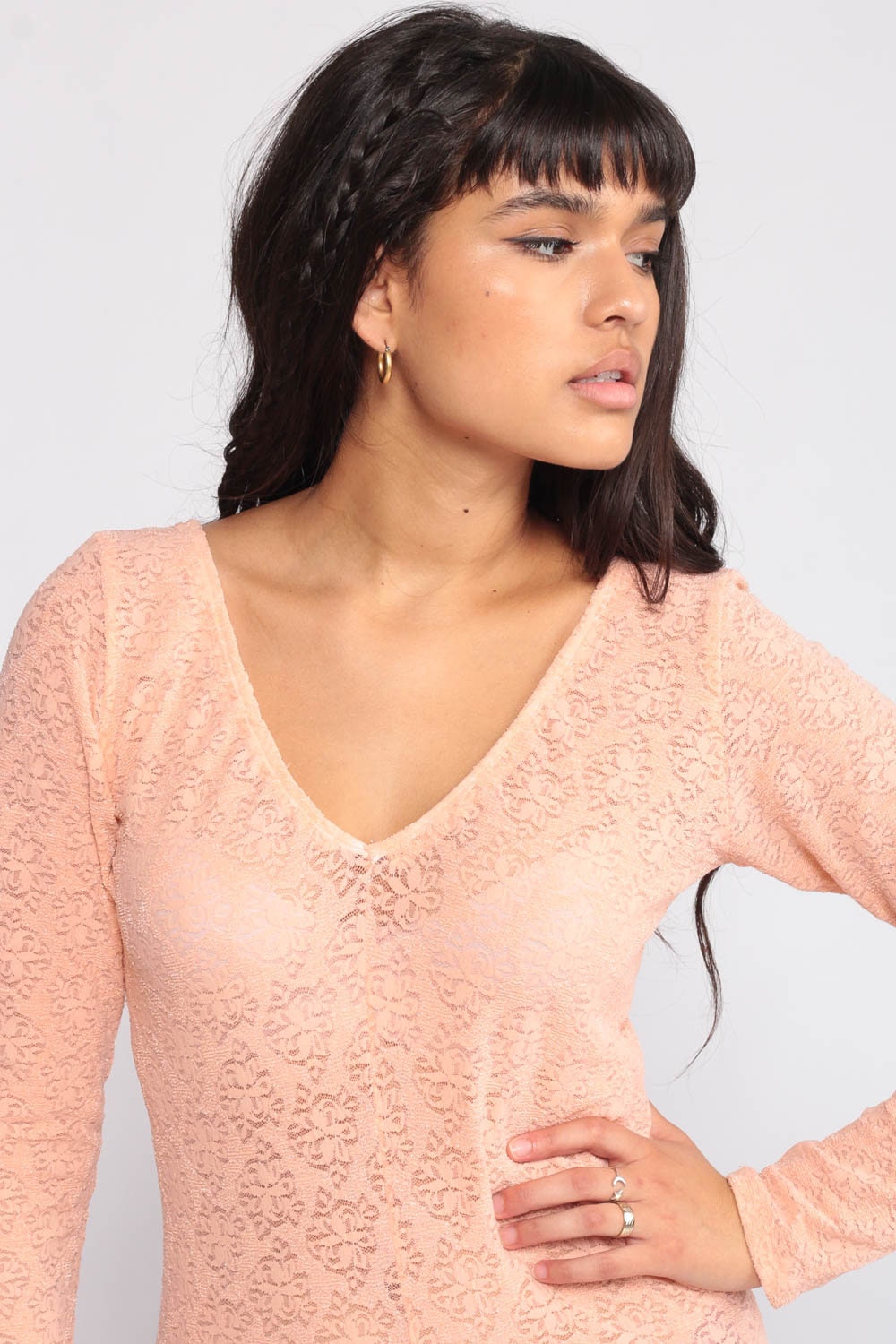 90s Peach Lace Jumpsuit Long Sleeve Sheer Bodysuit Petite Medium