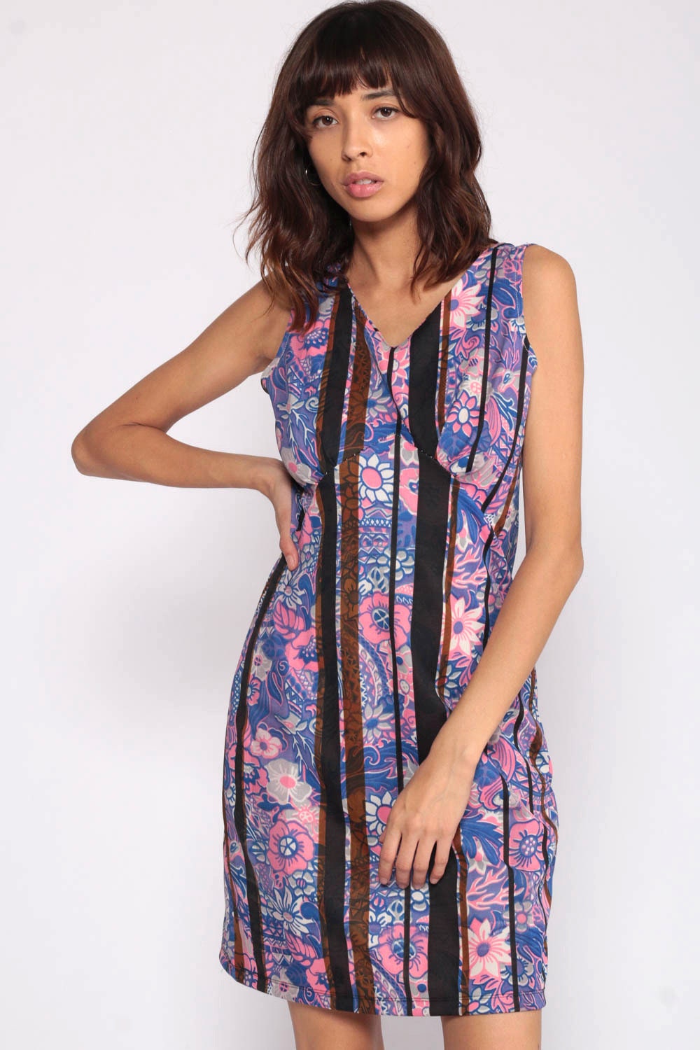 70s Purple Blue Floral Mini Dress Empire Waist Sheath Sleeveless Medium