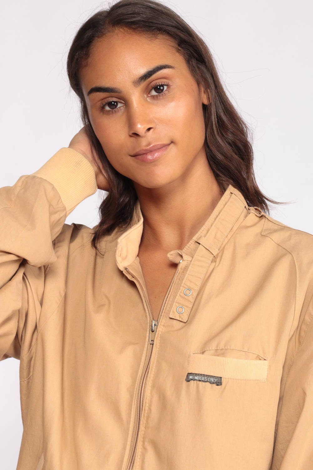 80s Members Only Bomber Jacket Tan Windbreaker Epaulette Medium Large