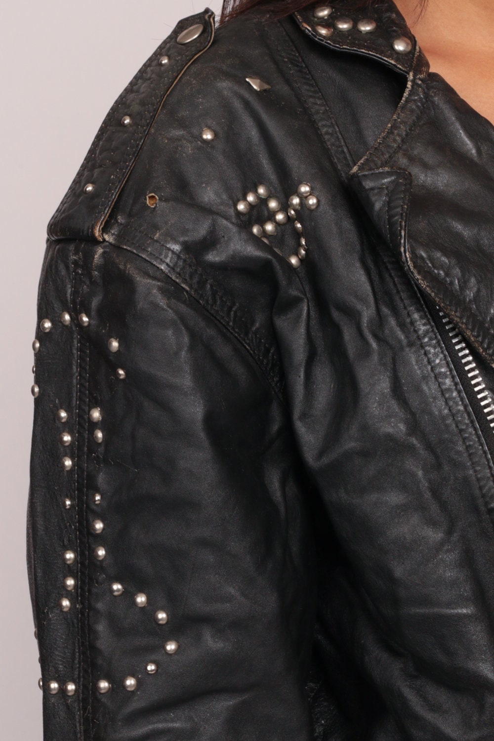 80s Black Leather Motorcycle Jacket Studded Dog Bone Biker Distressed Large XL