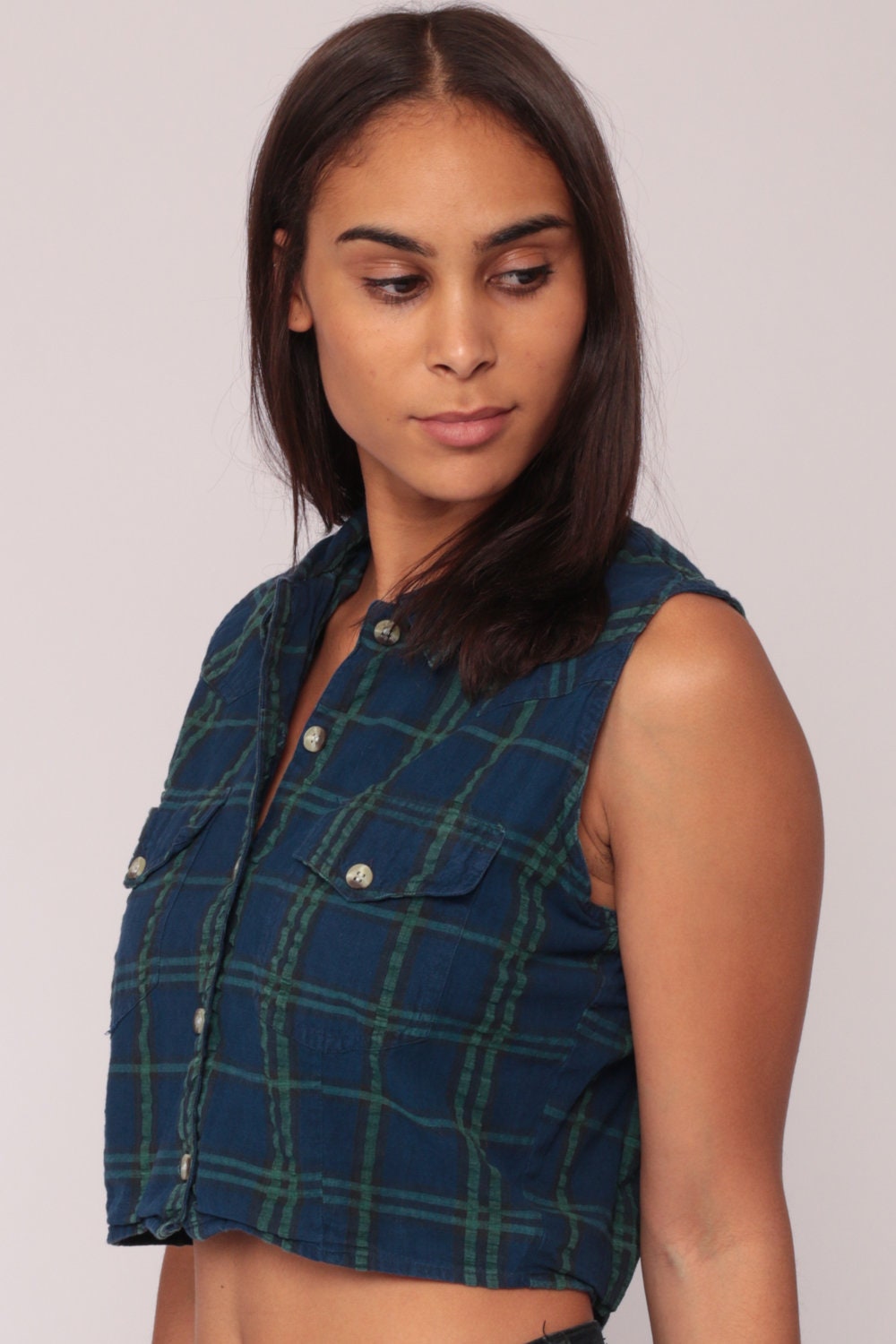 90s Blue Plaid Flannel Sleeveless Shirt Keyhole Backless Button Up Large