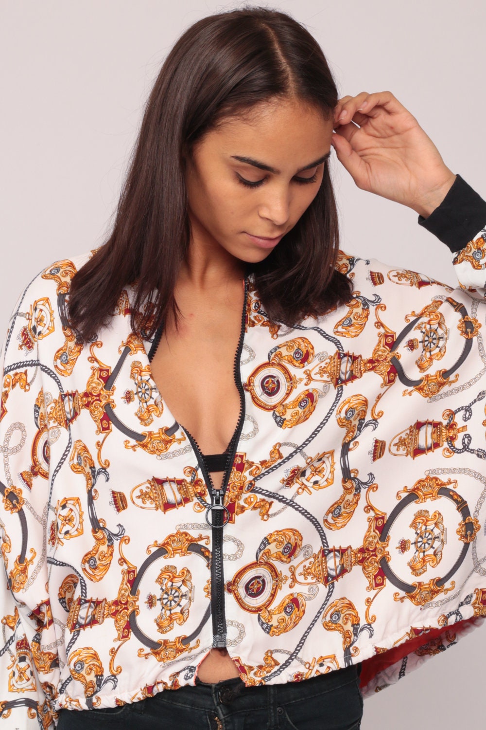 90s Windbreaker Jacket Baroque Crown Print Nautical White Small