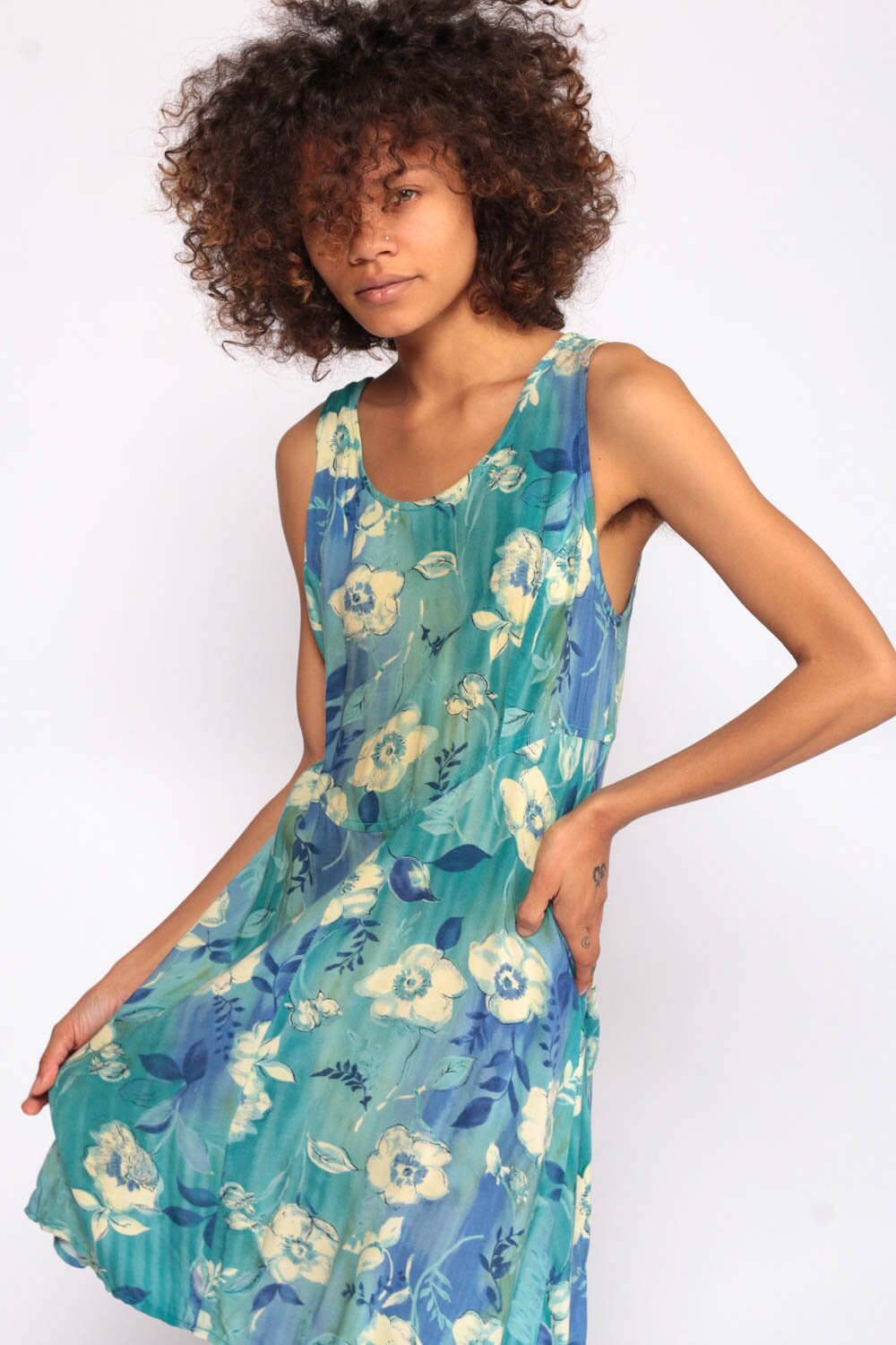 90s Floral Mini Dress Blue Yellow Sleeveless Sheath Corset Back Small Medium