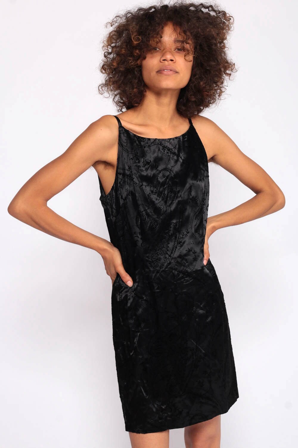 90s Black Satin Mini Dress Paisley Flocked Velvet Sleeveless Shift Small