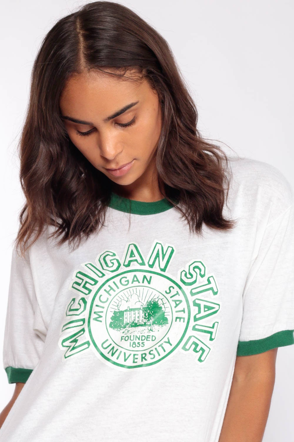 80s Michigan State University Ringer Tee Graphic Print Burnout Large