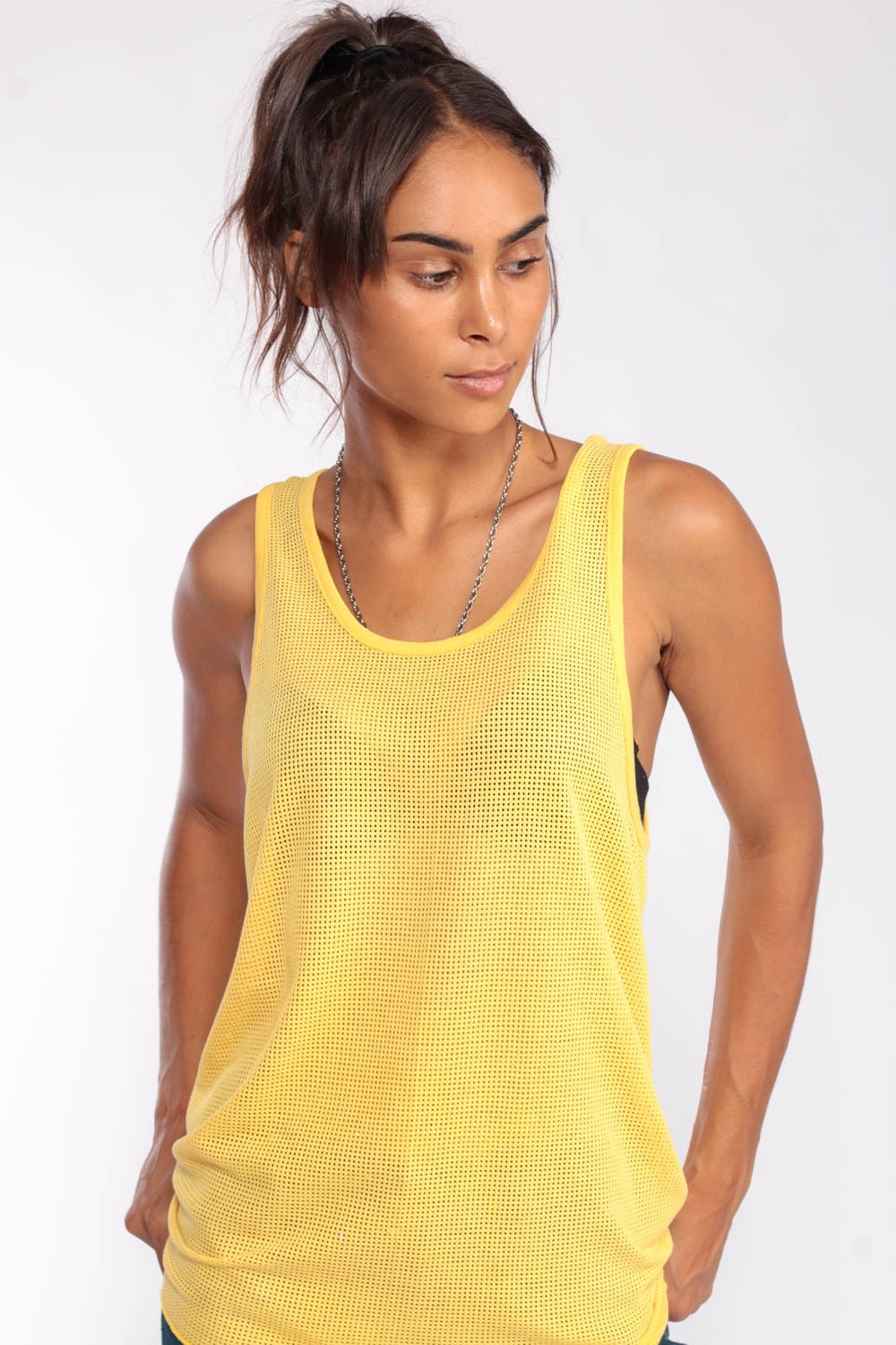 80s Yellow Mesh Tank Top Sheer Sleeveless Jersey Unisex Large
