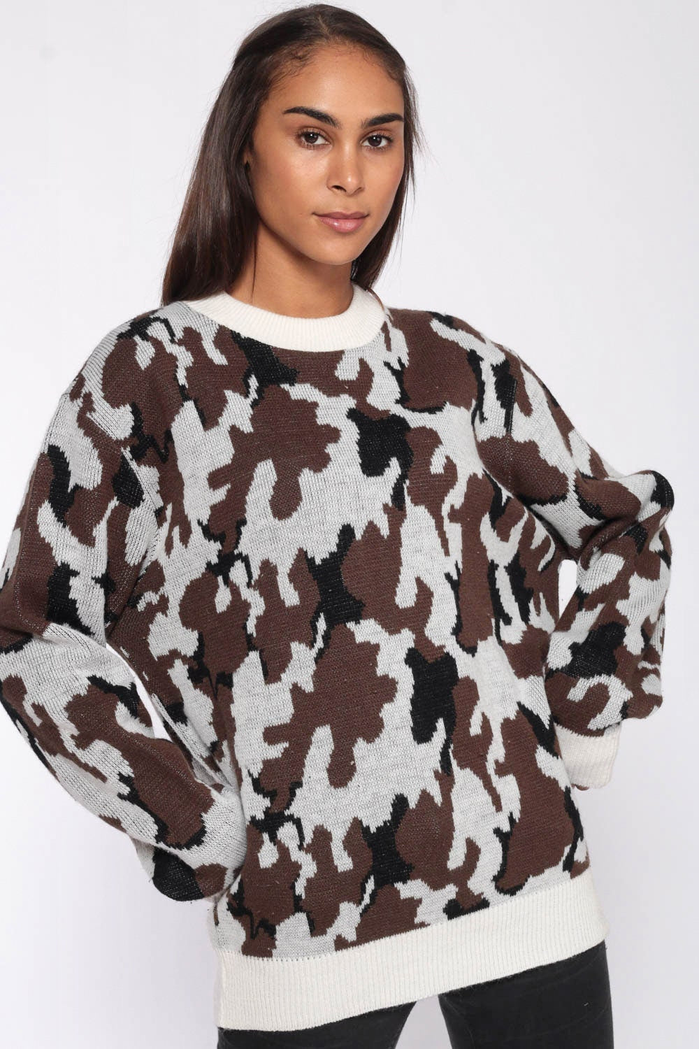 80s Camo Pullover Sweater Brown White Camouflage Knit Extra Large XXL