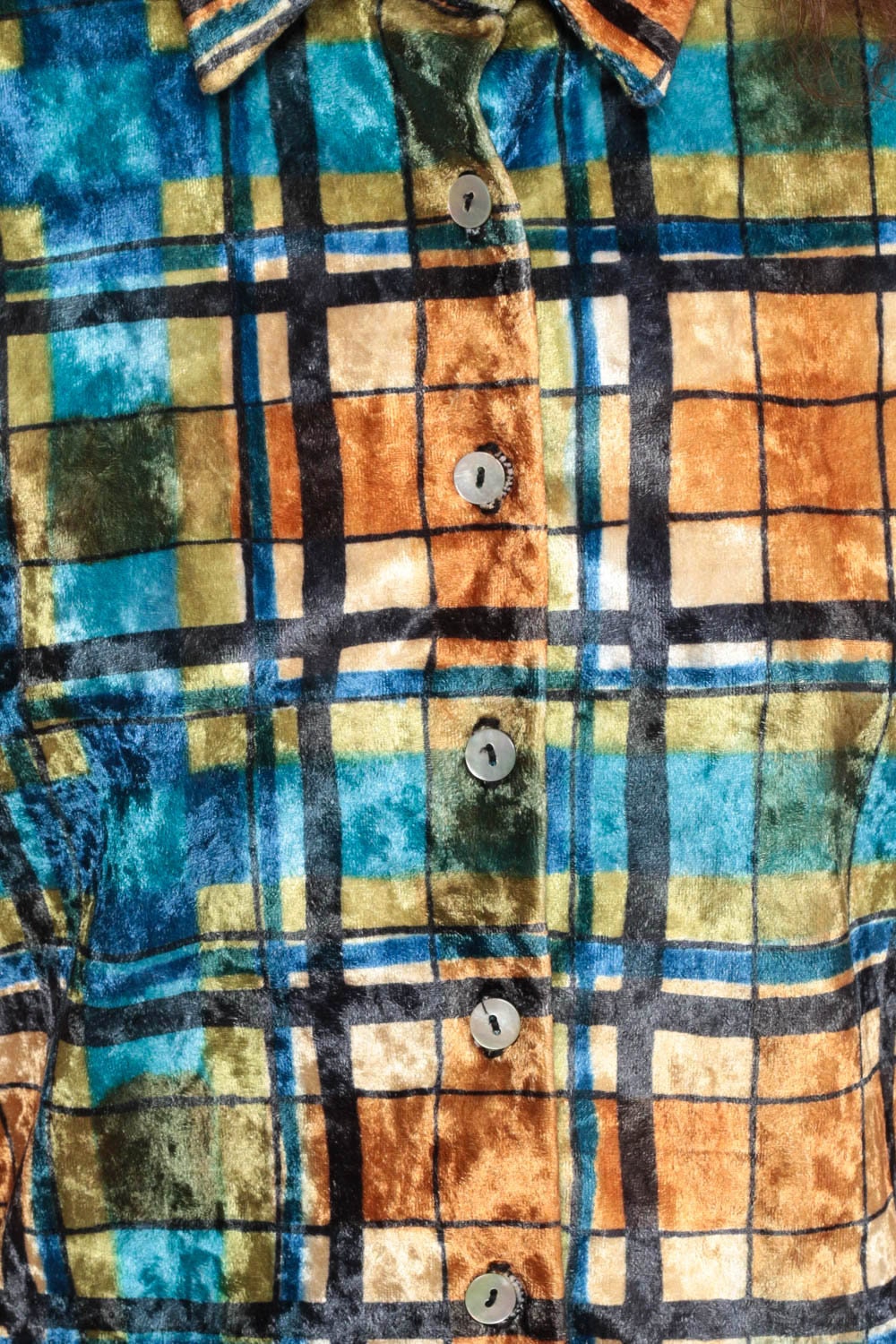 90s Plaid Velvet Button-Up Blouse Blue Long Sleeve Small