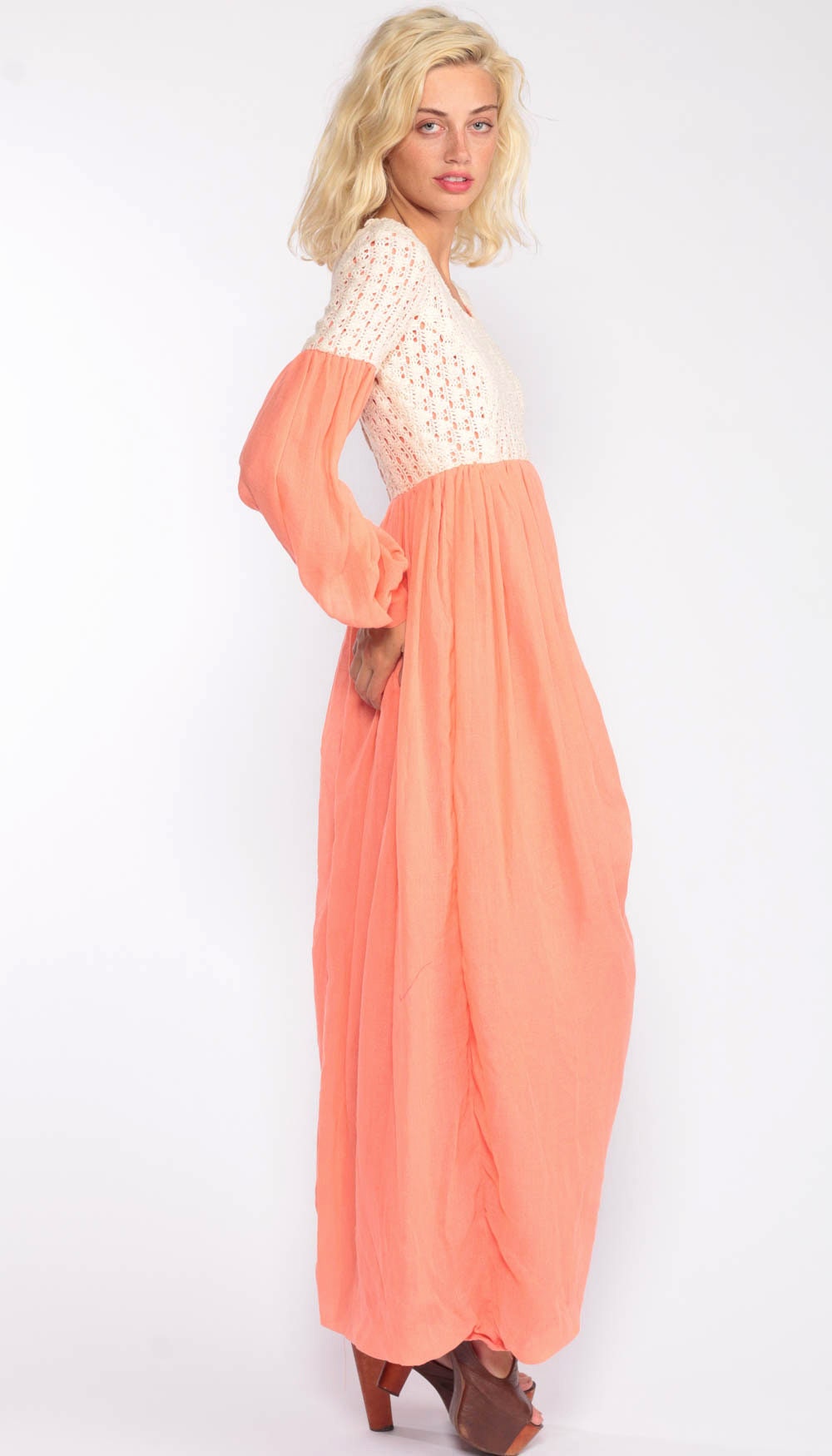 70s Crochet Lace Maxi Dress Peach Empire Waist Party Gown Extra Small