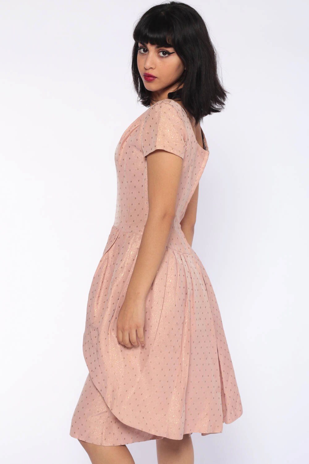 1950s Pink Metallic Tulip Skirt Party Dress Tea Length Extra Small XS
