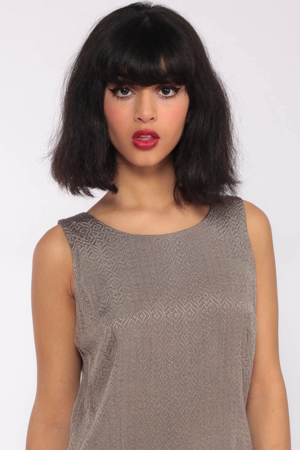1960s Mod Shift Dress Taupe Geometric Print Drop Waist Sleeveless Midi Medium