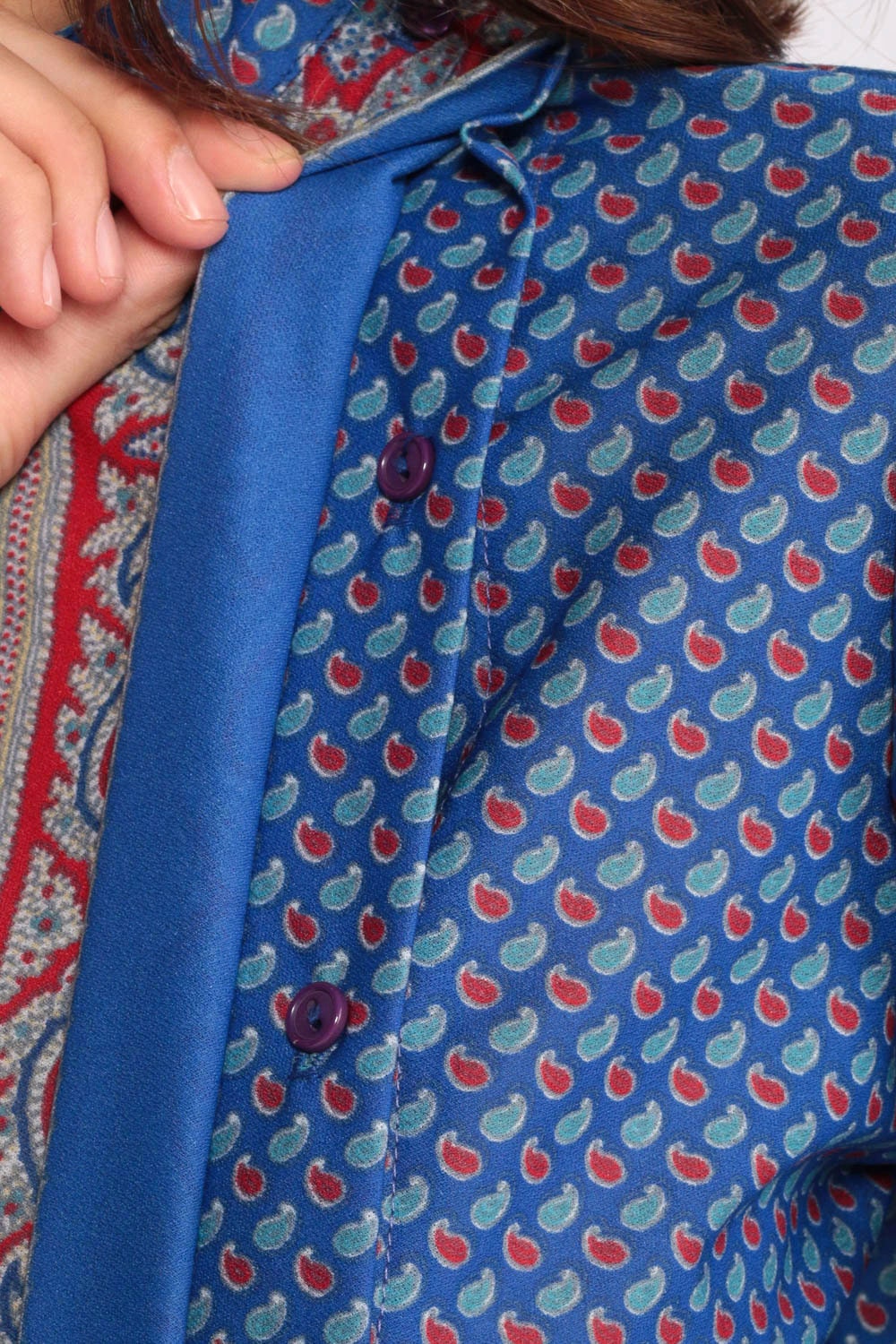 70s Paisley Print Midi Dress Blue Red Button-Up Long Sleeve Medium Large