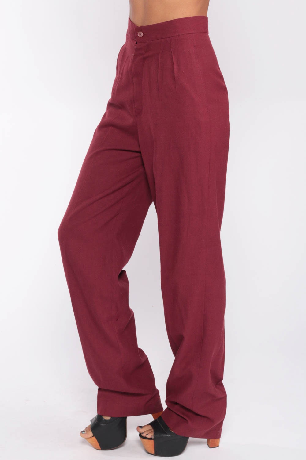 70s Burgundy High-Waist Wide-Leg Pleated Trousers Extra Small XS