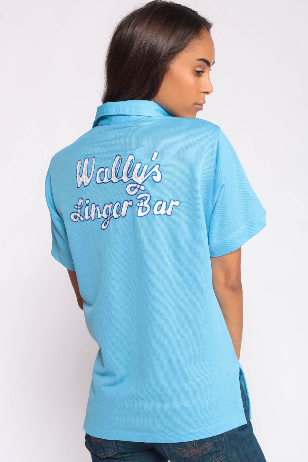 70s Wally's Linger Bar Uniform Shirt Baby Blue Button Up Medium Large