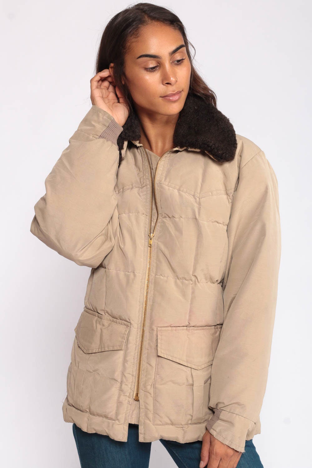70s 80s Tan Down Puffer Jacket Sherpa Collar Ski Coat Medium Large