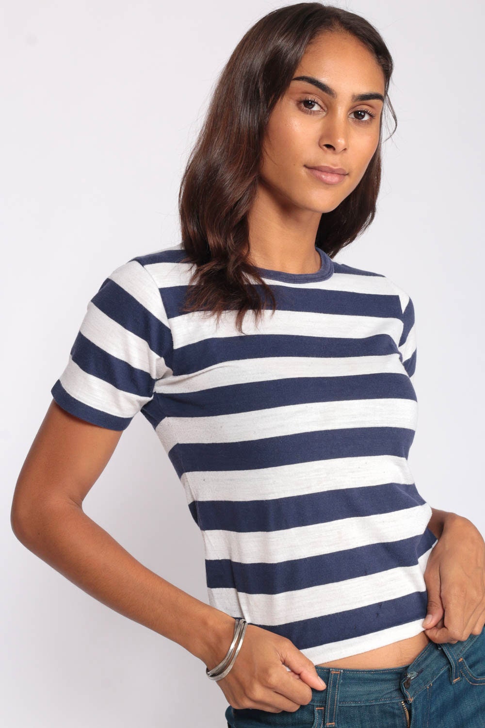 80s Munsingwear Striped Ringer T-Shirt Blue White Paper Thin Extra Small