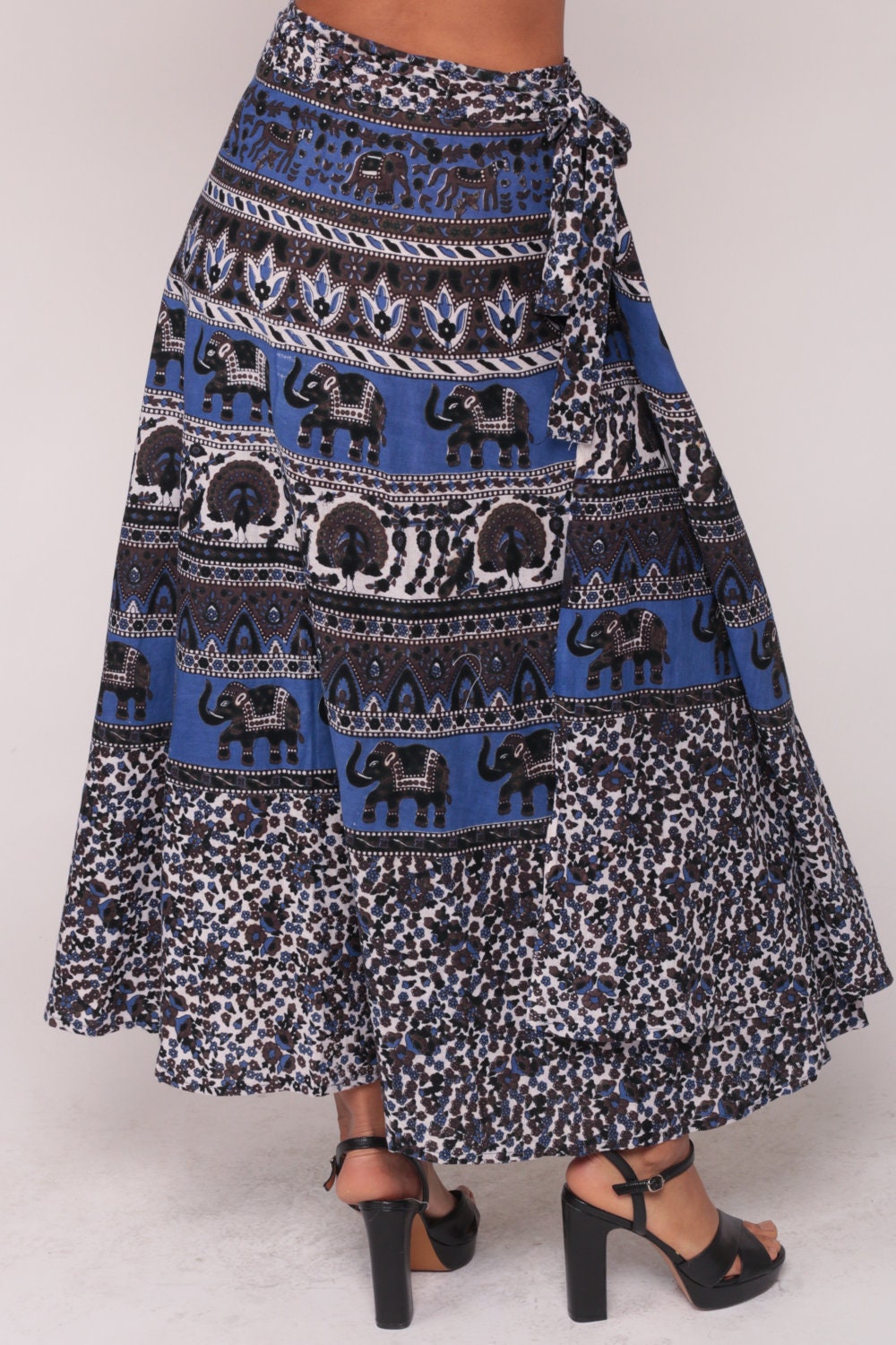90s Wrap Maxi Skirt Elephant Horse Peacock Print Blue Cotton Small Medium Large