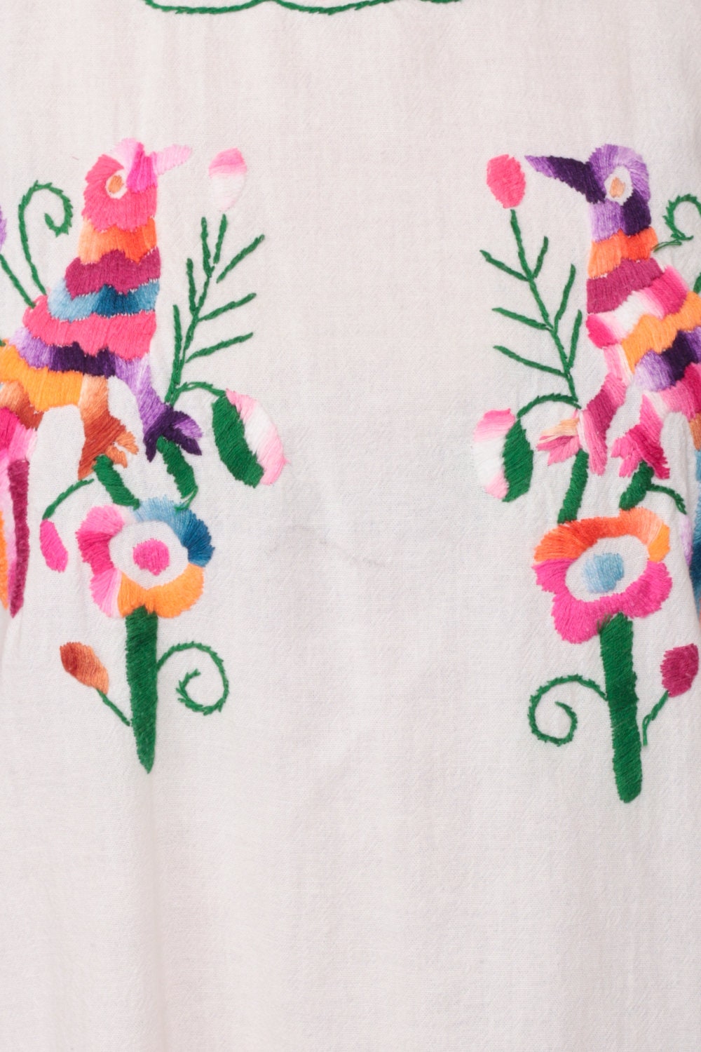 80s Mexican Embroidered Cotton Blouse White Bird Floral Tunic Medium Large