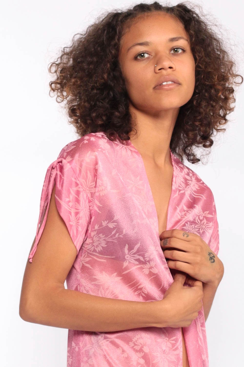 70s Pink Floral Sheer Kimono Jacket High Slit Cap Sleeve Small