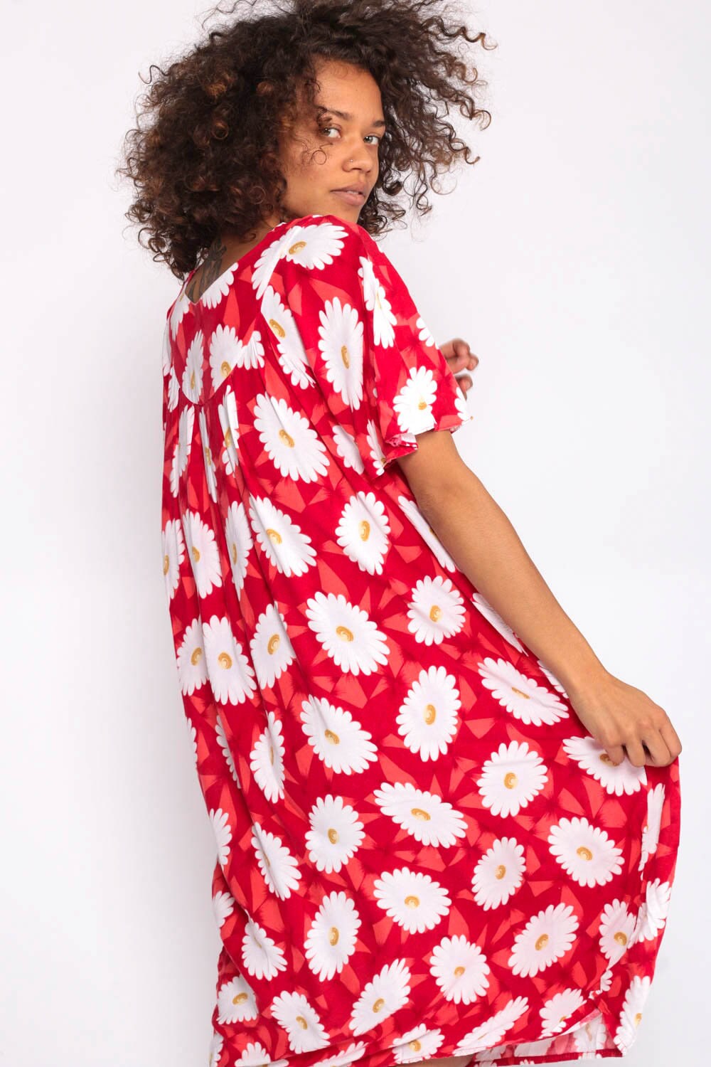 90s Red Floral Midi Dress Rayon Trapeze Shirt Dress White Print Small